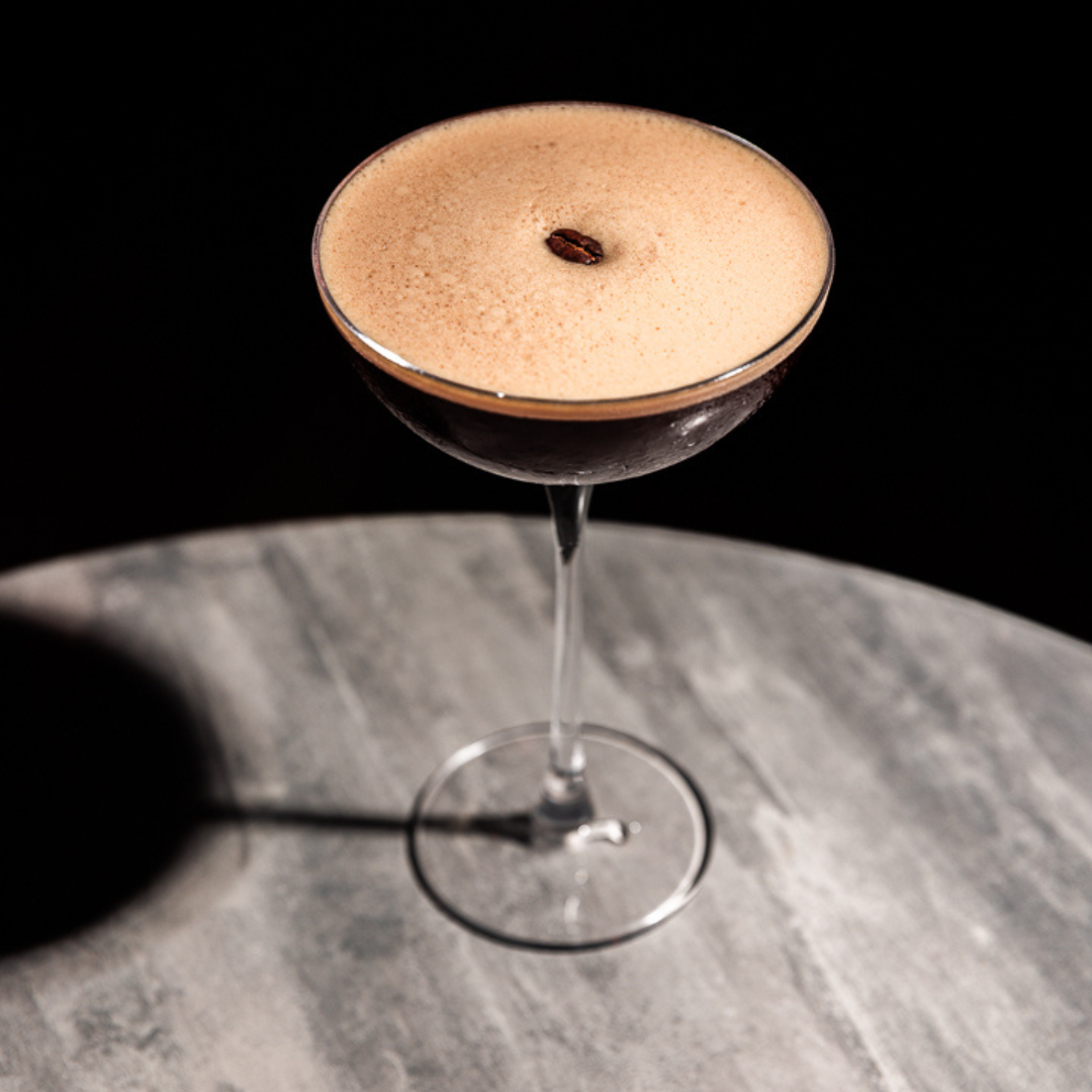  Cafe Golemi in a Nick & Nora glass, a variation of the Espresso Martini that substitutes bold, fruity rakija for vodka or rum