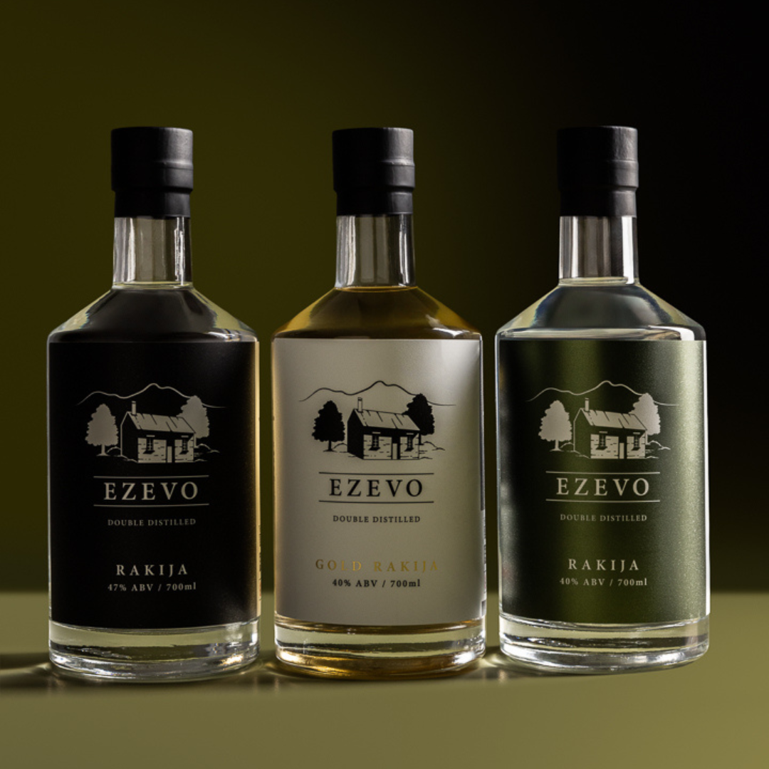 Three interesting liquor bottles of Australian made Rakija: Ezevo Clear Rakija 40%ABV, Ezevo Gold Rakija 40%ABV and Ezevo Classic Rakija 47% ABV.