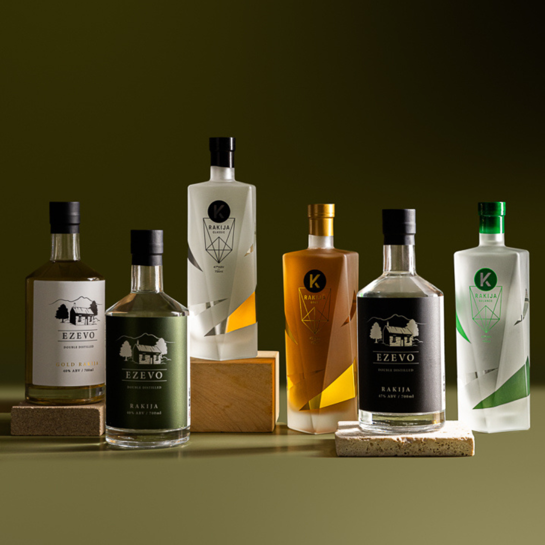 Six interesting liquor bottles of Australian made Rakija: Ezevo Clear Rakija 40%ABV, Ezevo Gold Rakija 40%ABV, Ezevo Classic Rakija 47% ABV, Kabina Balance Rakija 40% ABV, Kabina Gold Rakija 40% ABV, Kabina Classic Rakija 47% ABV.